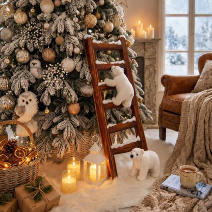 Polar Bear Christmas Staircase Decorations Set with Wooden Ladder and Plush Toys