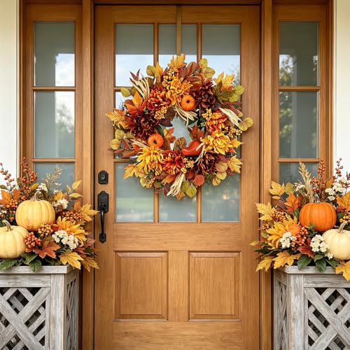 26-Inch Fall Wreath with Dahlia Pumpkin Berries - Autumn Harvest Front Door Decor - Golden Maple Variation
