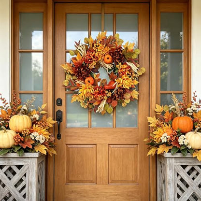 26-Inch Fall Wreath with Dahlia Pumpkin Berries - Autumn Harvest Front Door Decor - Golden Maple Variation