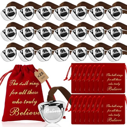 25-Piece Christmas Bell Set with Red Velvet Bags - Silver Holiday Jingle Bells - Santa & Reindeer Ornaments