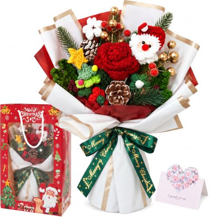 Christmas Crochet Flower Bouquet with Santa Decoration - Handmade Holiday Decor