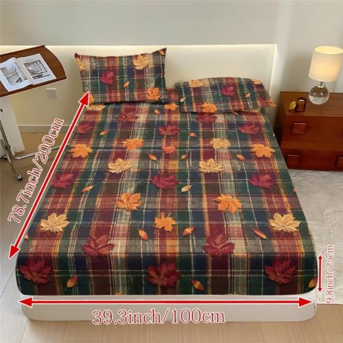 Autumn Plaid Maple Leaf Queen Fitted Sheet Set with Pillowcases - Fall Bedroom Decor