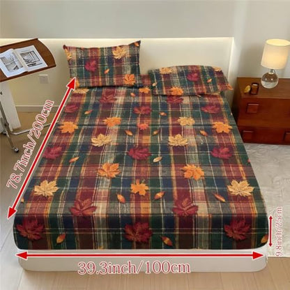Autumn Plaid Maple Leaf Queen Fitted Sheet Set with Pillowcases - Fall Bedroom Decor