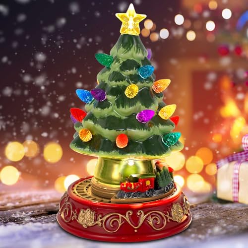Lighted Ceramic Christmas Tree with Rotating Train - 7.48 Inch Holiday Decor