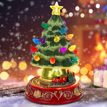 Lighted Ceramic Christmas Tree with Rotating Train - 7.48 Inch Holiday Decor