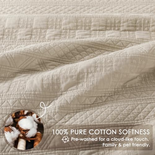 WDCOZY 100% Cotton Queen Size Quilt Set with Boho Fringe Geometric Stitch Beige - Queen (90x96)