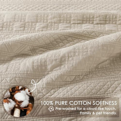 WDCOZY 100% Cotton Queen Size Quilt Set with Boho Fringe Geometric Stitch Beige - Queen (90x96)