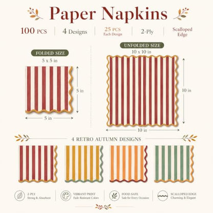 Fall Cocktail Napkins Set 100pcs Vintage Striped Scalloped Edges