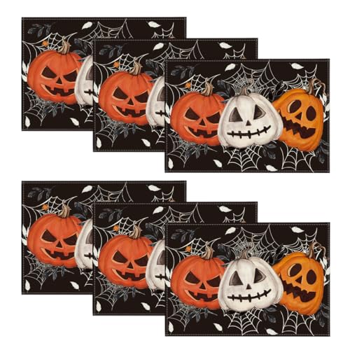 Halloween Black Pumpkins Spider Web Placemats Set of 6 12x18 Inch - Fall Holiday Decor