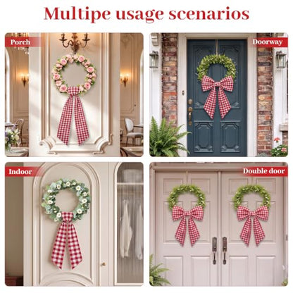 Red Gingham Fabric Sash Wraps for Front Door 2-Pack - 56 Inch Seasonal Decor