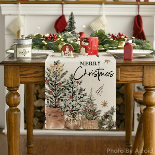Holly Pine Cone Xmas Table Runner 13x108 Inch Beige Holiday Decor
