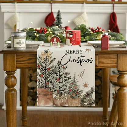 Holly Pine Cone Xmas Table Runner 13x108 Inch Beige Holiday Decor