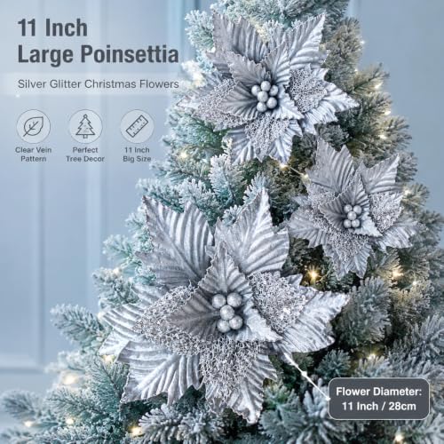 Artificial Poinsettia Flower for Christmas Tree Decoration - Silver, 11 Inch