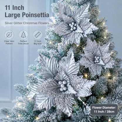 Artificial Poinsettia Flower for Christmas Tree Decoration - Silver, 11 Inch