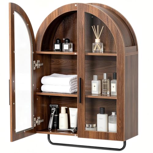 Walnut Wall-Mounted Bathroom Medicine Cabinet with Adjustable Shelves & Towel Bar - Karl Home