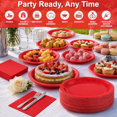 Red Paper Plates and Napkins Set - 50PCS Party Supplies for Events - Red