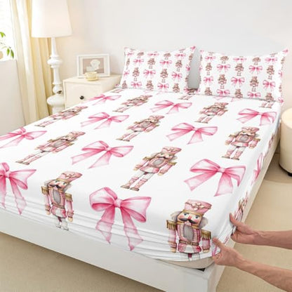 Kids Twin Fitted Sheet Set - Pink White Christmas Nutcracker Design, 39x75"