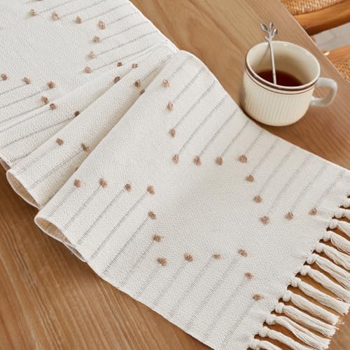 Wracra Boho Table Runner Taupe/Ivory 14x108 Inches Woven Rustic Decor