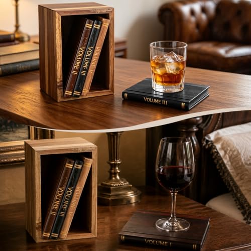 Book Coasters Set of 6 - Wooden Literary Drink Coasters with Stand