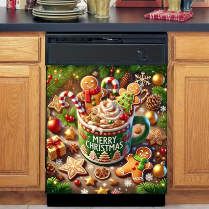 Christmas Dishwasher Magnet Cover 23x26 Inches Reusable Magnetic Refrigerator Sticker - Gingerbread Man Cocoa