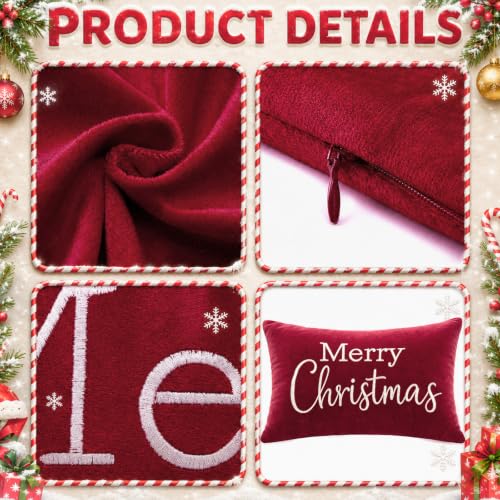 Christmas Velvet Throw Pillow Cover 12x20 Inch - Merry Christmas Burgundy Red