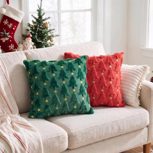 Christmas Tree Star Pillow Cover Set of 4 - Red Green Faux Fur 18x18 Inches