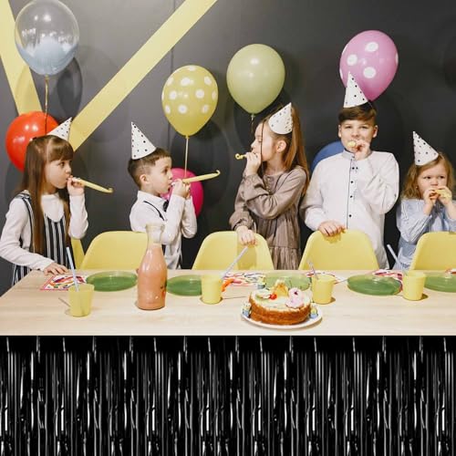 Black Foil Fringe Table Skirts 3 Pack - Metallic Tinsel Streamers for Party Decor