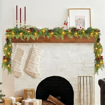 Cedar Green 9FT Prelit Christmas Garland with Lights, Red Berries & Pine Cones