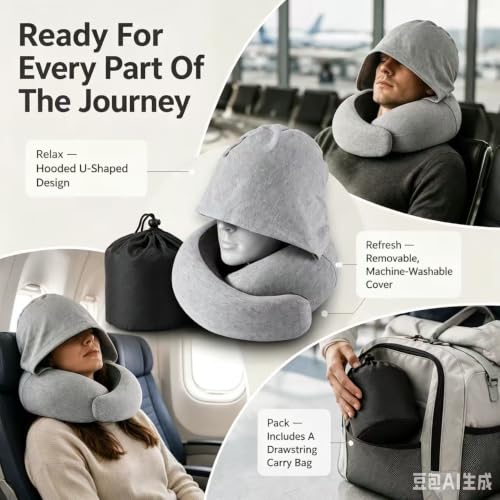 Travel Neck Pillow with Hood Memory Foam Support Washable Cover Storage Bag