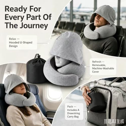 Travel Neck Pillow with Hood Memory Foam Support Washable Cover Storage Bag