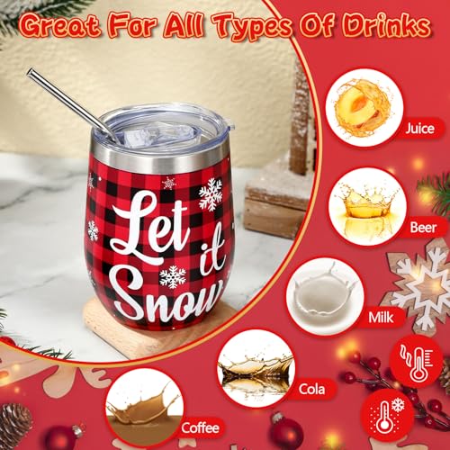 Ziliny Christmas Wine Tumbler Set with Lid & Straws - Plaid Style, 6 Pieces