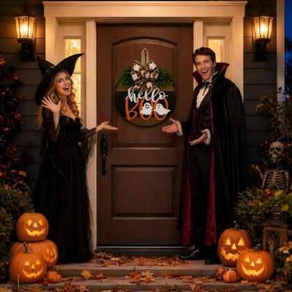 Halloween Ghost Wreath with Bow Decor - Front Door Halloween Decoration