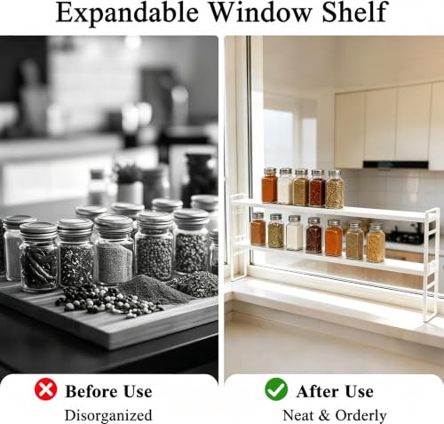 Expandable White Window Sill Plant Shelf - Narrow Adjustable Kitchen & Bathroom Organizer, Stackable Shelves