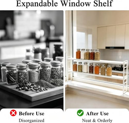 Expandable White Window Sill Plant Shelf - Narrow Adjustable Kitchen & Bathroom Organizer, Stackable Shelves
