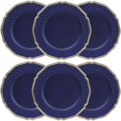 Royal Blue Charger Plates with Beaded Rims - Set of 6 Plastic Dinner Protectors