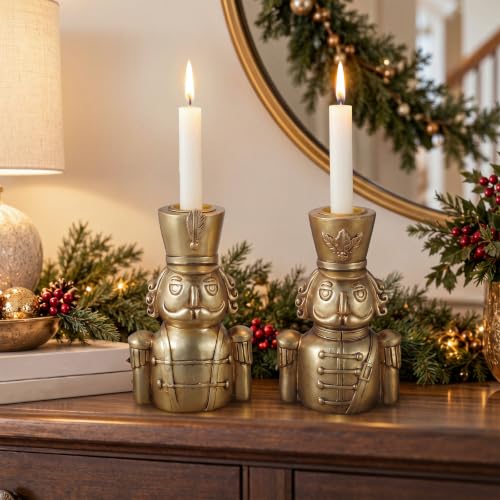 Gold Taper Candle Holders Set - Christmas Nutcracker Soldier Variation