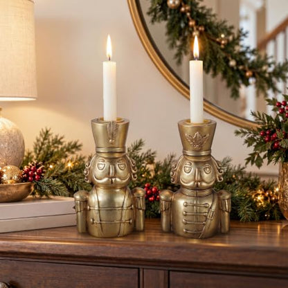 Gold Taper Candle Holders Set - Christmas Nutcracker Soldier Variation