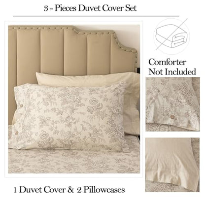 FADFAY Full Size Taupe Mocha Floral Duvet Cover Set – 3-Piece Cotton Bedding