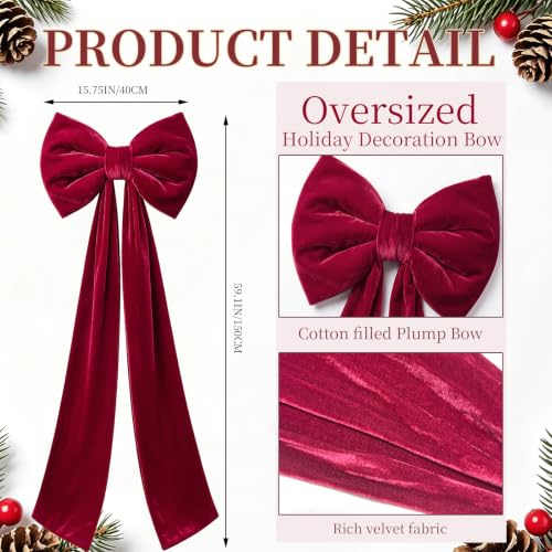 Large Velvet Christmas Tree Topper Bow - Red Burgundy Holiday Decor 60x16 In