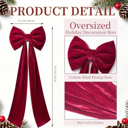 Large Velvet Christmas Tree Topper Bow - Red Burgundy Holiday Decor 60x16 In