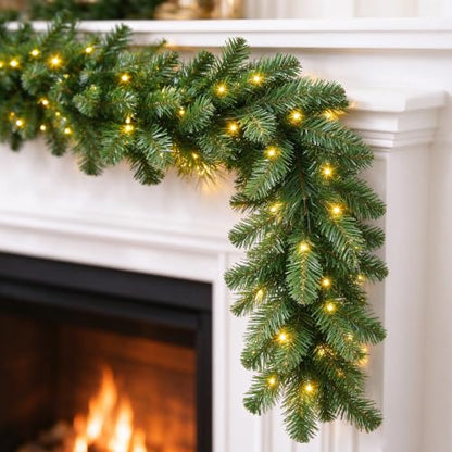 9FT Prelit Christmas Garland with Battery Timer - Green Artificial Pine with LED Lights - Indoor Outdoor Holiday Decor - 1 Count