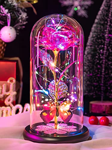 Pink Forever Glass Rose Gift with Butterfly & Heart Crystals - Birthday Gift for Women, Mom, Grandma, Wife, Girlfriend - D Pink