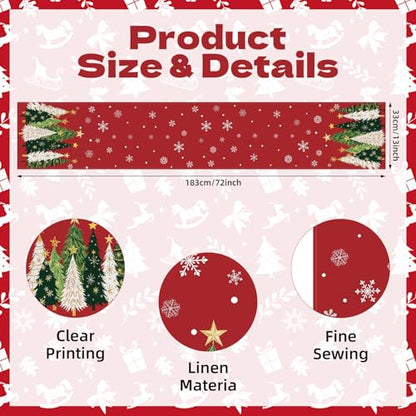Christmas Trees Table Runner - Red Holiday Table Decor with Green & White Pattern - Variation of Christmas Trees