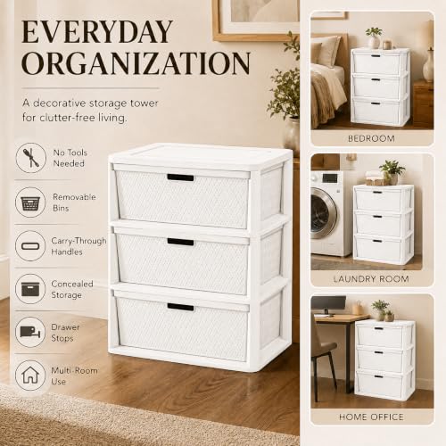 White 3-Drawer Plastic Storage Tower - Decorative Closet Organizer