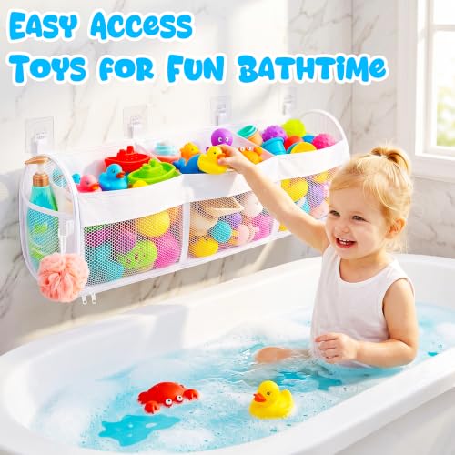 Large Bath Toy Storage Organizer with 3 Compartments and Zipper Access