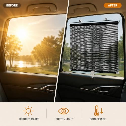 18 x 42-Inch Retractable Window Sun Shade with Suction Cups - No Drill, Portable Mesh Screen for Home Car RV Office Glass Door Skylight