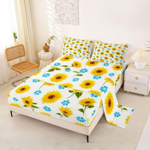 Kids Sunflower Bed Sheets Set King Size Yellow Blue Deep Pocket Microfiber