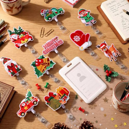 Christmas Felt Badge Reels Set of 24 Retractable Name Holder Clips - Holiday Design