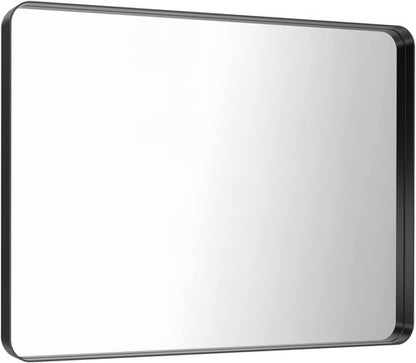 LOAAO Black Metal Framed Bathroom Mirror - 40x32 Inch Rounded Rectangle Design, Anti-Rust Tempered Glass