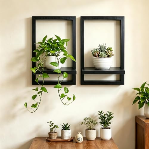 Rectangular Wooden Wall Shelf for Indoor Plants - Set of 2 Black Shelves